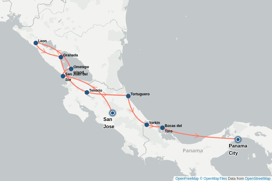 Itinerary Map image for Mittelamerika-Trio: Costa Rica Nicaragua Panama