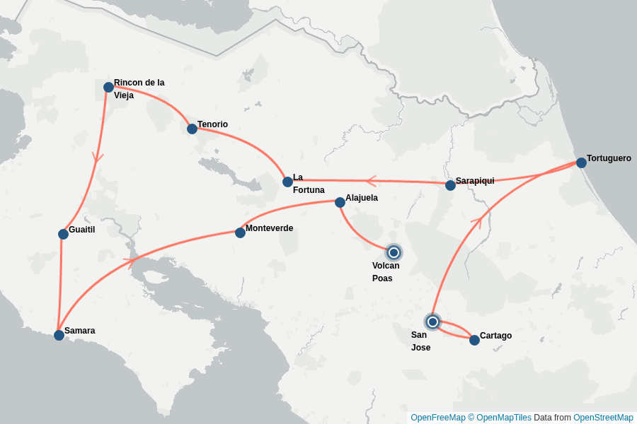 Itinerary Map image for Costa Rica: Highlights 