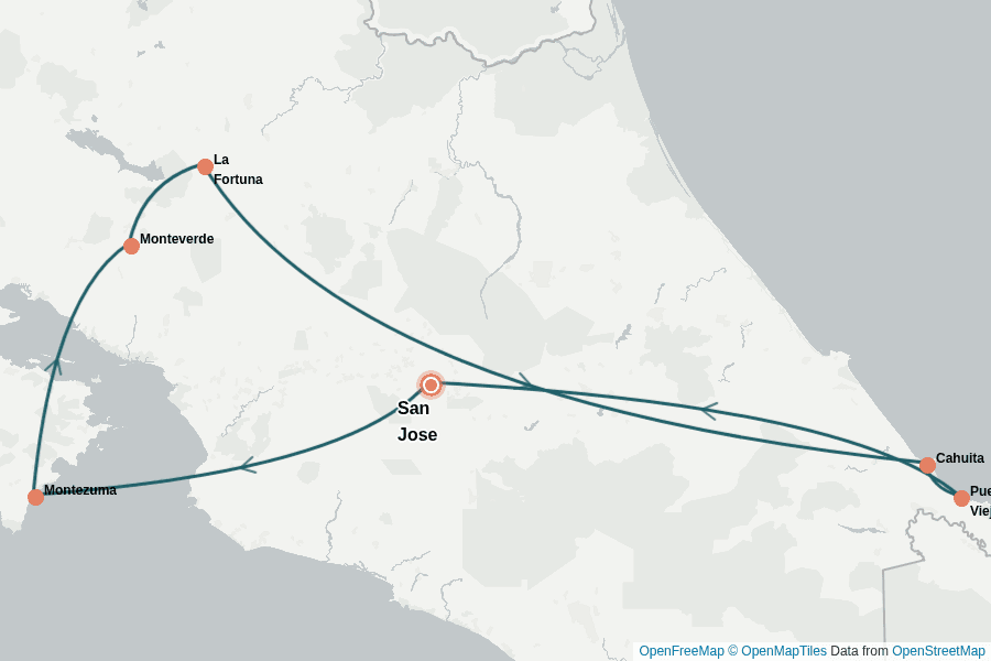 Itinerary Map image for Costa Rica Rundreise 2 Wochen